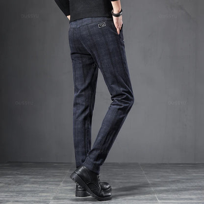 2024 New Spring Autumn England Plaid Work Stretch Pants Men Business Fashion Slim Grey Blue Casual Pant Male Brand Trousers 38