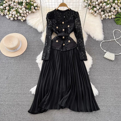 Runway Designer Summer Flower Embroidery Lace Chiffon Prom Dress Women Short Sleeve Single Breasted Midi Long Vestidos Party