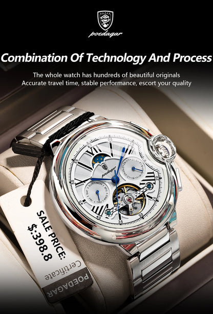 POEDAGAR Luxury Man Watch Hollow Tourbillon Automatic Mechanical Men Watch Waterproof Date Week Stainless Steel Men's Watches