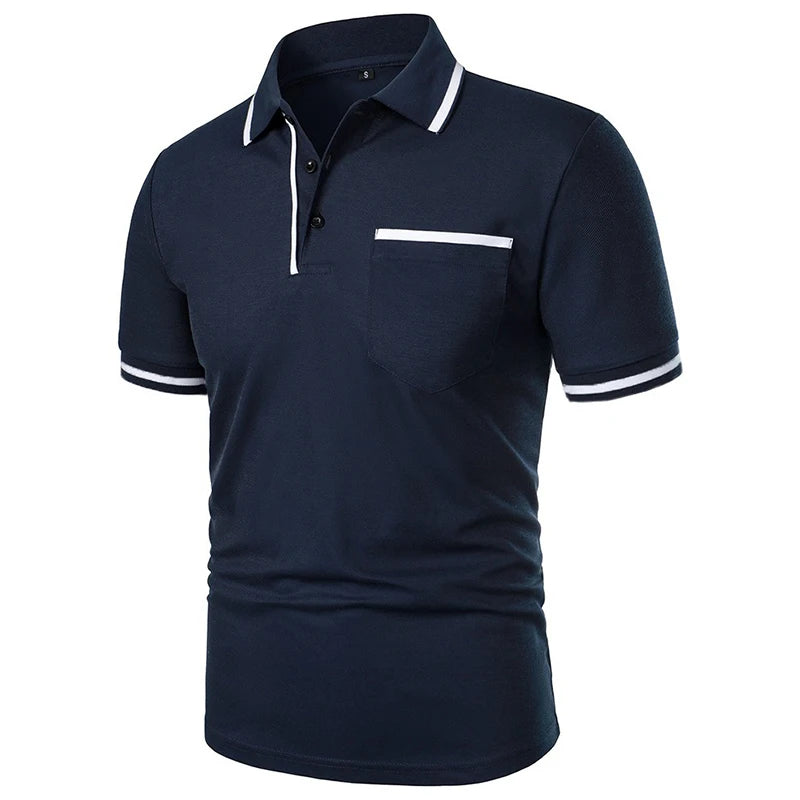 New Men's Short Sleeve Polo Shirts Solid Color Casual T-shirt Summer Trendy Breathable Loose Basic Splice Top Pockets Men Shirts