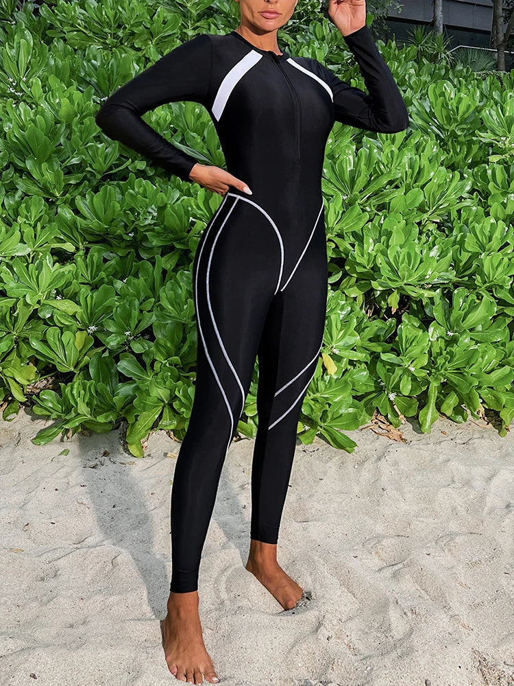 Peachtan Full Body Swimwear Women 2024 New Black Long Sleeve One Piece Swimsuit Woman Korean Style Surf Suit Sporty Bathing Suit