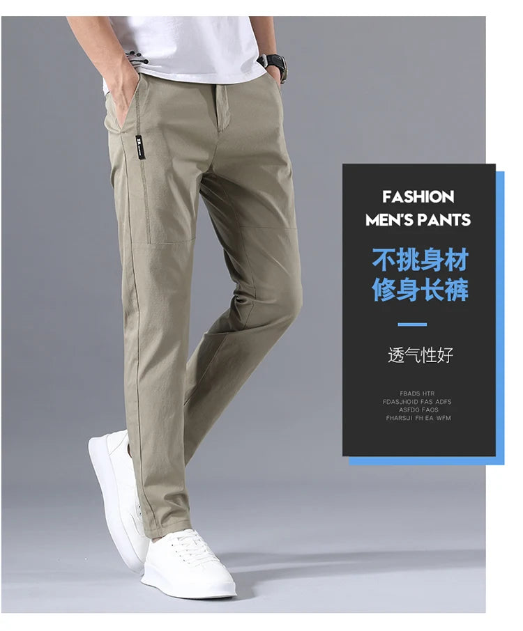 2025 Men's Casual Pants Slim Fit Stretch Classic Chino Trouser Male Stretch Elastic Korean Summer Dress Ice Light Thin Business