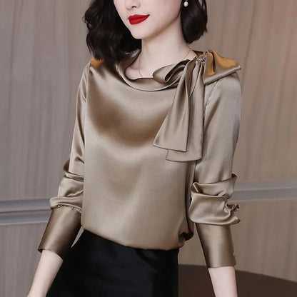 Summer Autumn Office Lady Satin Solid Elegant Fashion Bow Shirt Women Long Sleeve Temperament Bottoming Blusa All-match Blouse