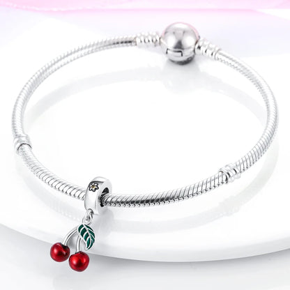 Summery Red Enamel Fruit Cherry Charm Bead Fits Bracelet Necklace Keychain Women 925 Silver Pendant Beads DIY Jewelry Fine Gift