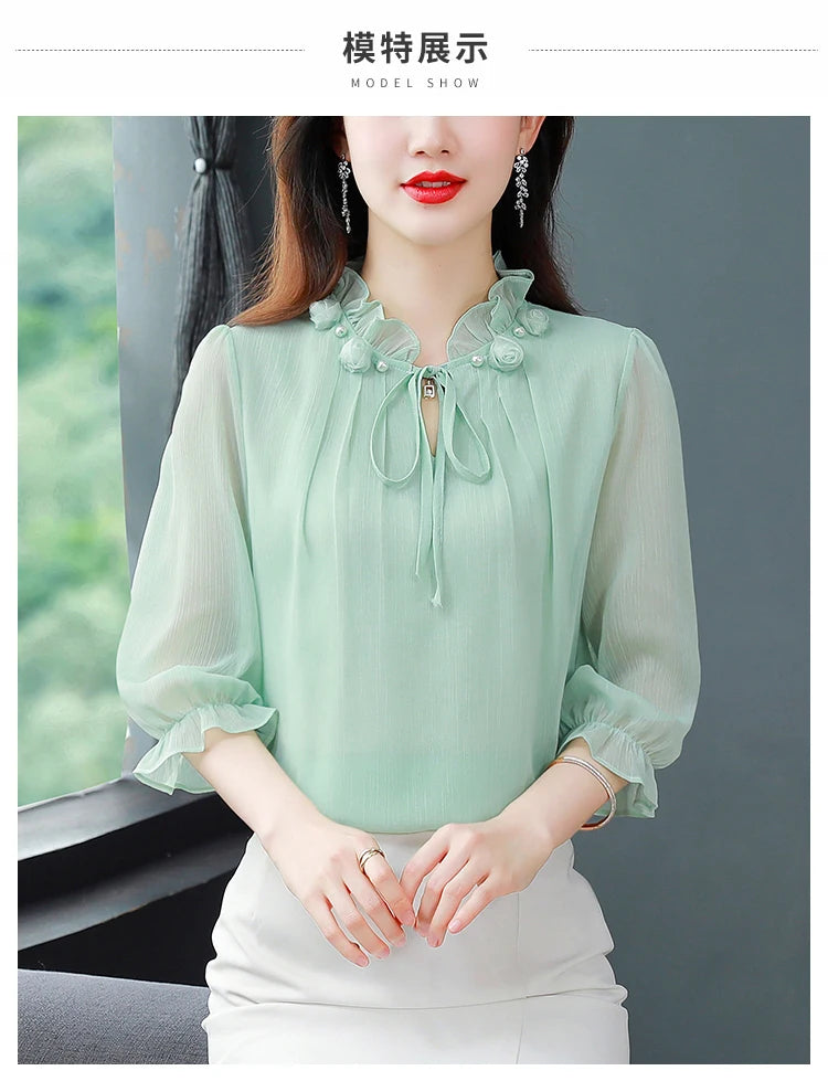 M-4XL Spring Summer Women Tops 2025 New Fashion Chiffon Blouse Petal Collar Half Sleeve Bow tie Loose Casual Shirt