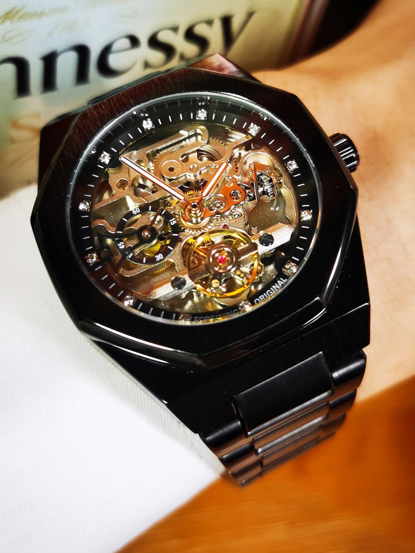 Forsining Silver Automatic Watch Men 3D Diamond Dial Irregular Tourbillon Skeleton Mechanical Wristwatches Luminous Hands Clock