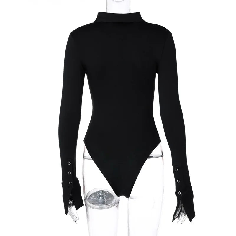 Y2k Clothes Women's Bodysuit Long Sleeve Snap Polo Neck Solid Color Autumn Winter High Street Punk Style Sexy Bodysuit