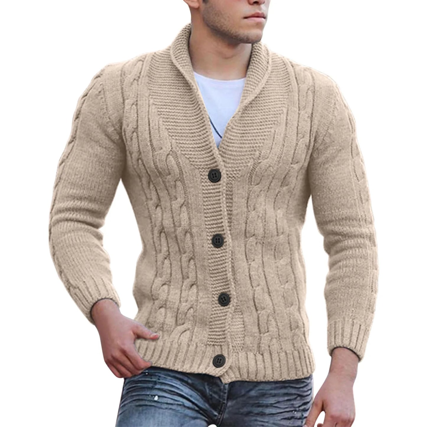 Mens Autumn Fashion Solid Color Knit Cardigan Sweater 2024 New Shawl Collar Loose Fit Long Sleeve Single-breasted Cardigans