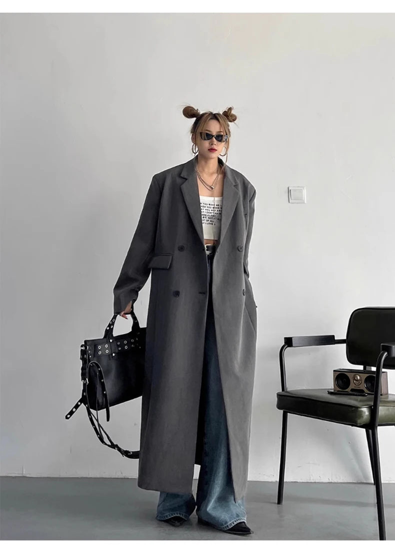 Lautaro Spring Autumn Long Grey Black Trench Coat for Women Double Breasted Loose Casual Korean Fashion Clothing Blazer 2025