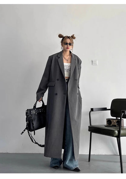 Lautaro Spring Autumn Long Grey Black Trench Coat for Women Double Breasted Loose Casual Korean Fashion Clothing Blazer 2025