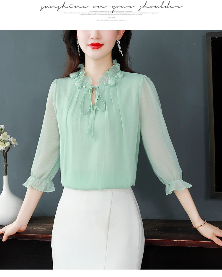 M-4XL Spring Summer Women Tops 2025 New Fashion Chiffon Blouse Petal Collar Half Sleeve Bow tie Loose Casual Shirt