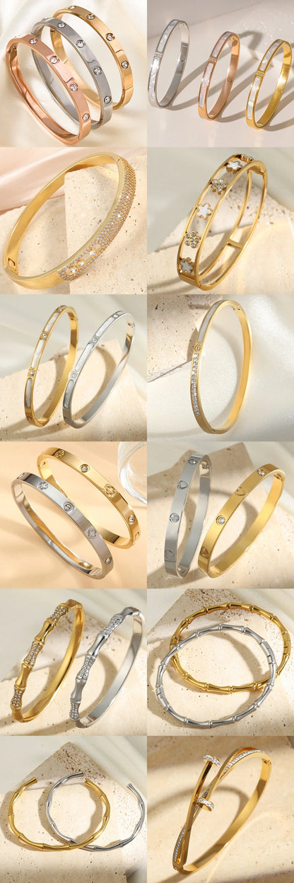 Europe And The United States Hot Stainless Steel Four-leaf Clover Lucky Bracelet Fashion Women's Nail Bracelet Gold Bangles