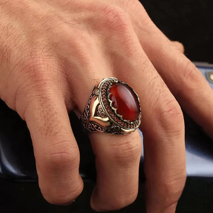 Trendy Handmade Middle East Arabic Turkish Signet RingS For Men Ancient Silver Color Red Garnet Stone Flame Ring Wedding Jewelry