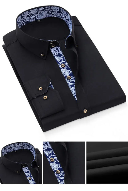 Blue-and-white Porcelain Collar Shirt Men Long Sleeve Korean SlimFit Casual Business Dress Shirts Solid Color White Shirt Cotton