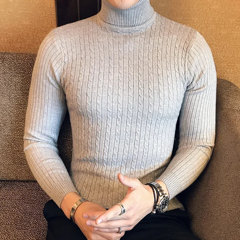 2025 Korean Slim Solid Color Turtleneck Sweater Mens Winter Long Sleeve Warm Knit Sweater Classic Solid Casual Bottoming Shirt