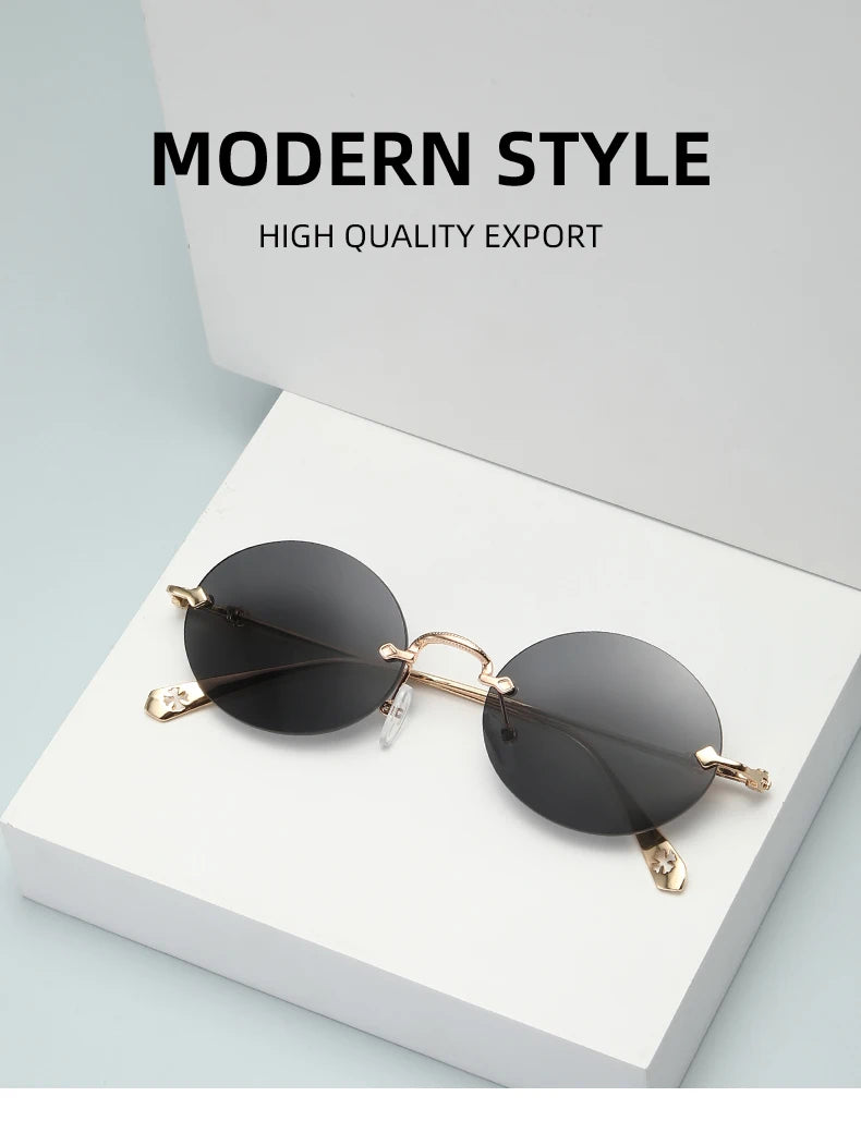 New frameless edged sunglasses, fashionable and simple oval metal frame, versatile for street photography.