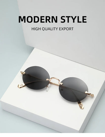 New frameless edged sunglasses, fashionable and simple oval metal frame, versatile for street photography.