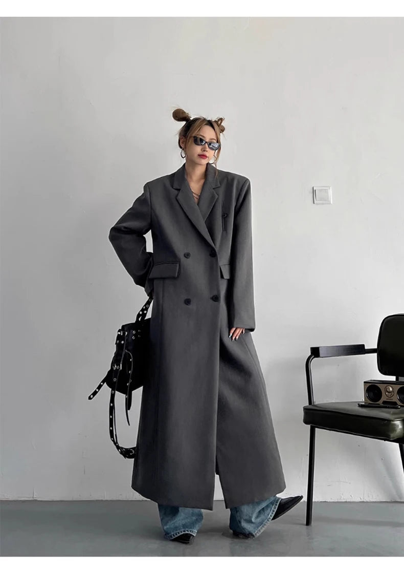 Lautaro Spring Autumn Long Grey Black Trench Coat for Women Double Breasted Loose Casual Korean Fashion Clothing Blazer 2025