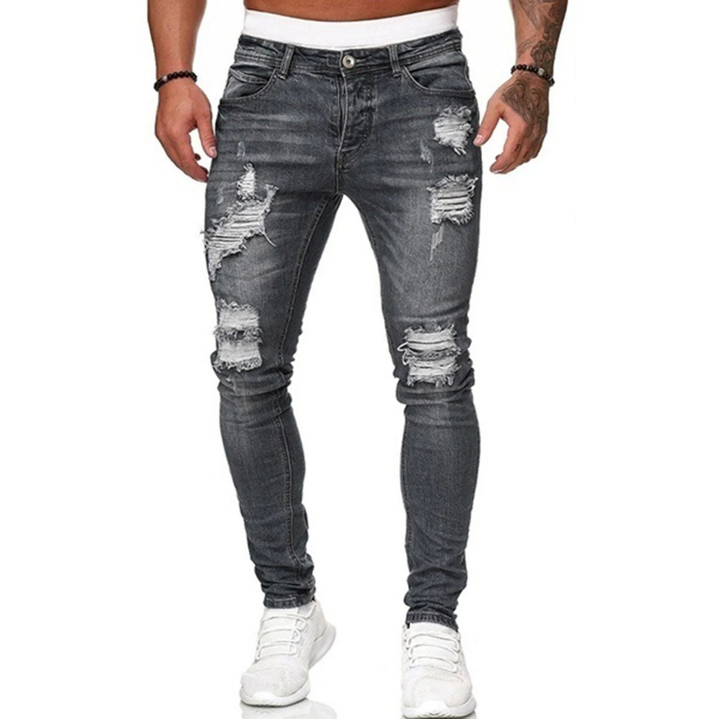 Retro Grey Stretch Slim Ripped Denim Pant Men's Fashion Streetwear Elastic Long Trousers Vintage Casual Denim Pencil Pants