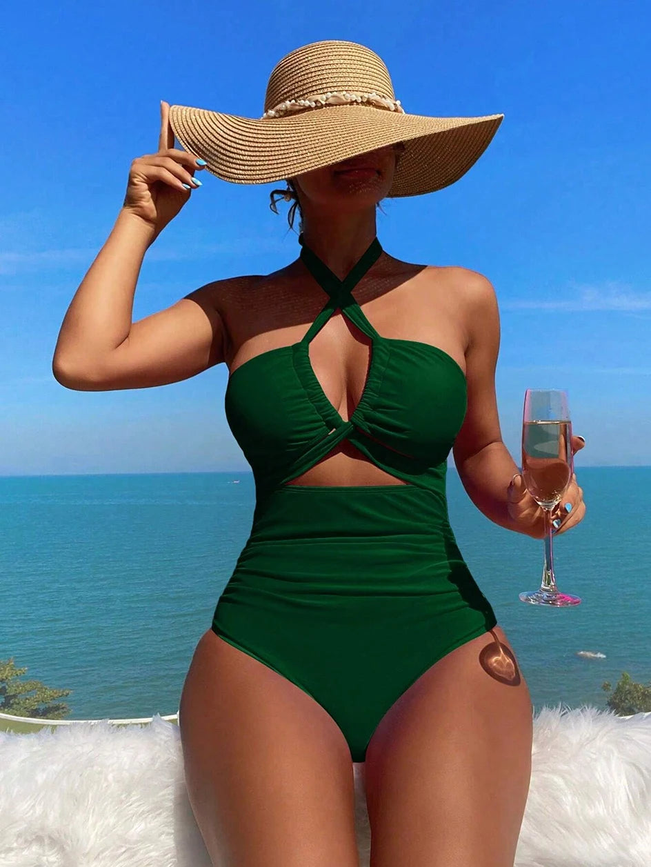 Drawstring One-piece Women Swimsuit 2025 Swimwear Female High Waisted Bikini Bandeau Halter Bathing Suit Swimming for Monokini