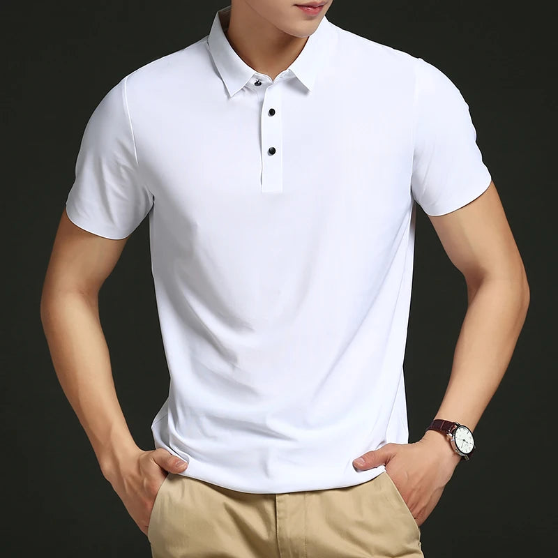 Golf Solid Ice Silk Traceless Silk Loose Polo Shirt Short Sleeve T-shirt Men's Elastic Ironless Thin Polo Neck Light Luxury