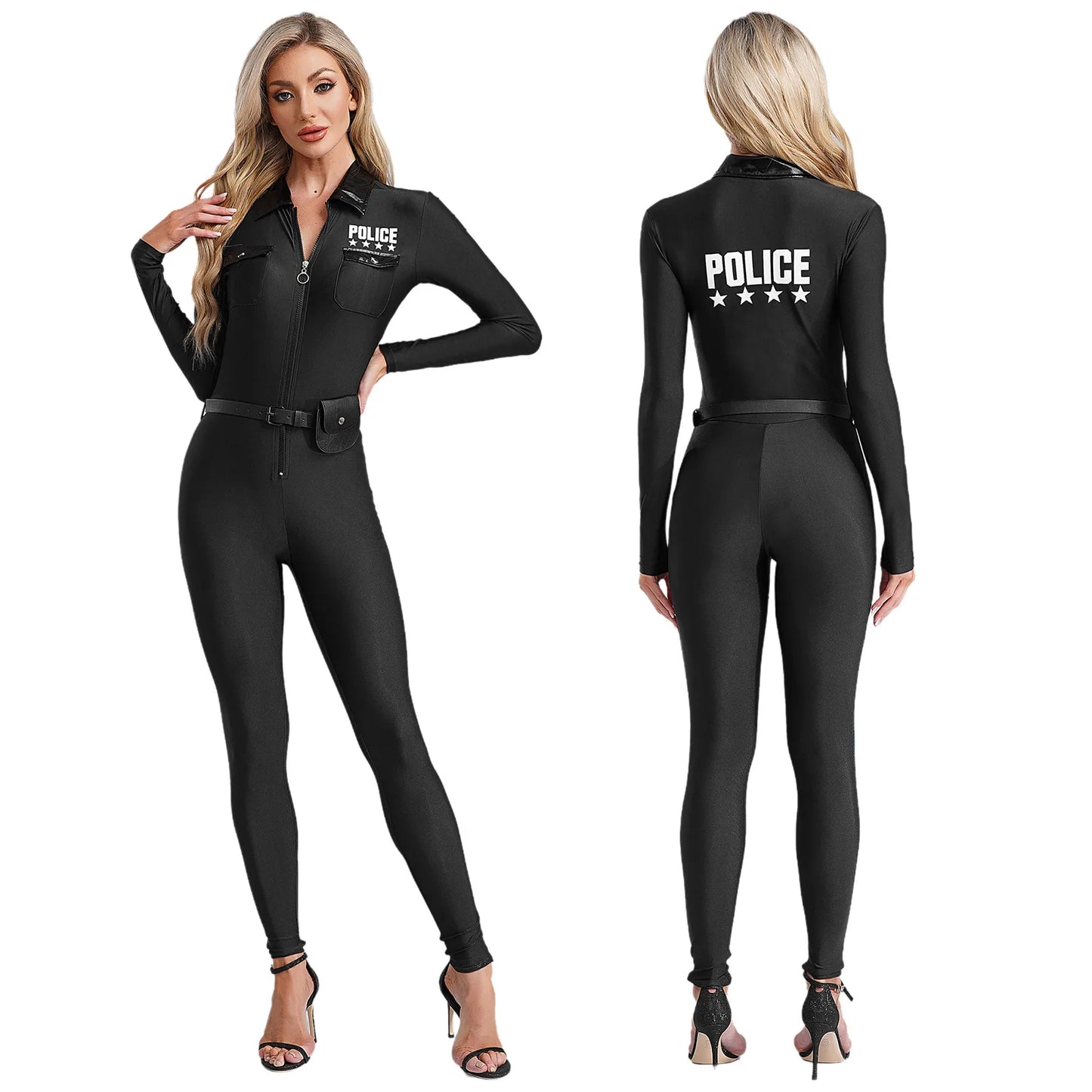 Women Police Cosplay Costume Long Sleeve Zip Up Overall Jumpsuit with Bag Belt Career Theme Party Rave Dance Bodysuits