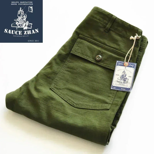 SauceZhan OG107 Fatigue Utility Pants Military Pants VINTAGE Classic Olive Sateen Men's Baker Pants Satin Cotton Straight Fit