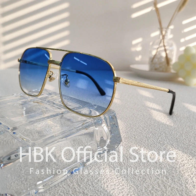 HBK New Pilot Sunglasses for Men Fashion Retro Double Bridge Girder Metal Sun Glasses Women UV400 Male Trending Products Shades