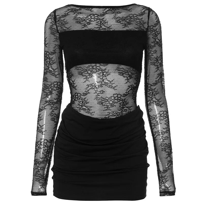 Talenza Lace Sheer High Waist Mini Dress Women's Solid Color Patchwork Print Short Dress Sexy Slim Long Sleeve Mini Dress Y2k