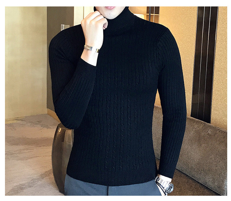 Mens Turtleneck Sweaters Winter Warm Knit Pullover Korean Cotton Solid Color Casual Slim Sweater Male Clothing Bottoming Shirt