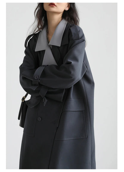 CHIC VEN Women Trench Coat Solid Loose Contrast Double Collar Double Breasted Long Women's Windbreaker Office Lady Spring Autumn