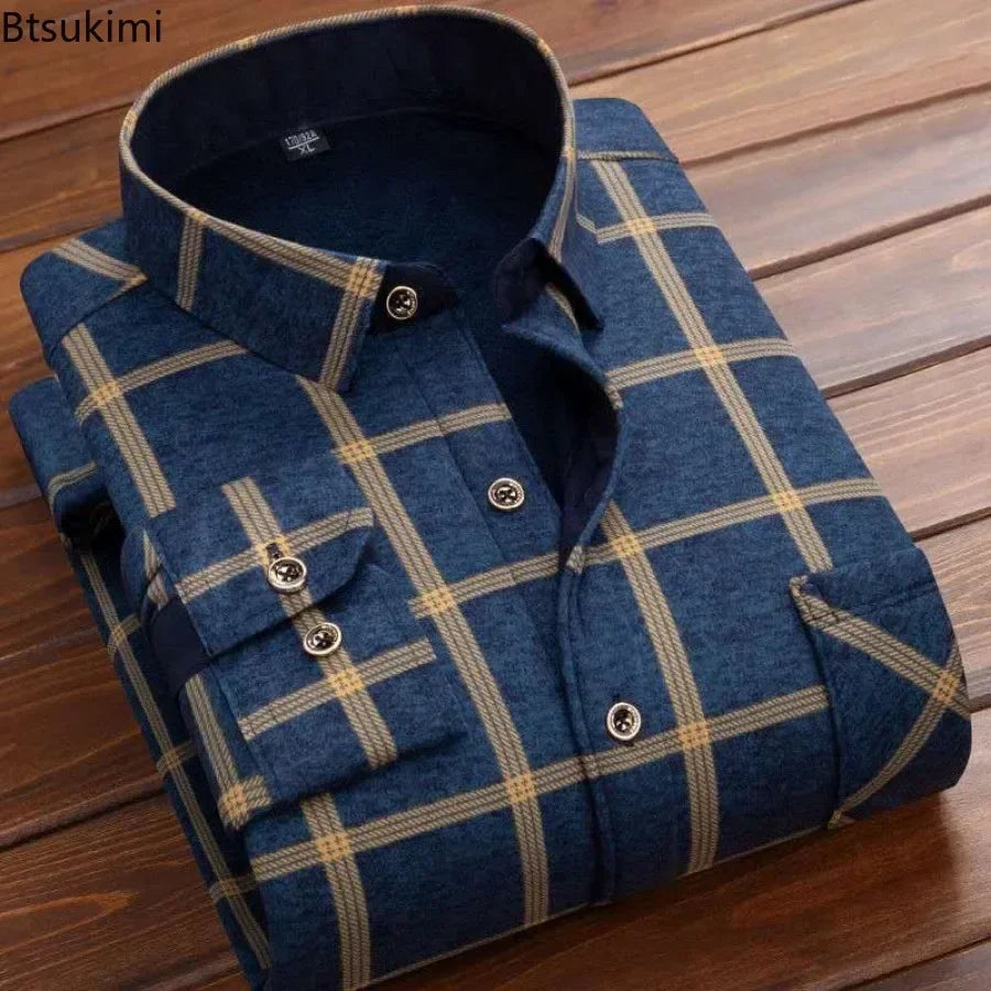 2024Men's Casual Warm Shirts Autumn Winter Long Sleeve Plaid Shirt Thick Warm Tops Men High Quality Soft Large Size Shirt Camisa