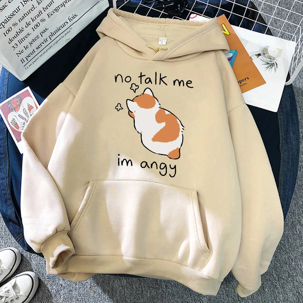 No Talk Me Cute Angry Cat Print Women Hoody Hip Hop Soft Hoodies Casual Fleece Pullovers Oversize Fleece Woman Streetwear