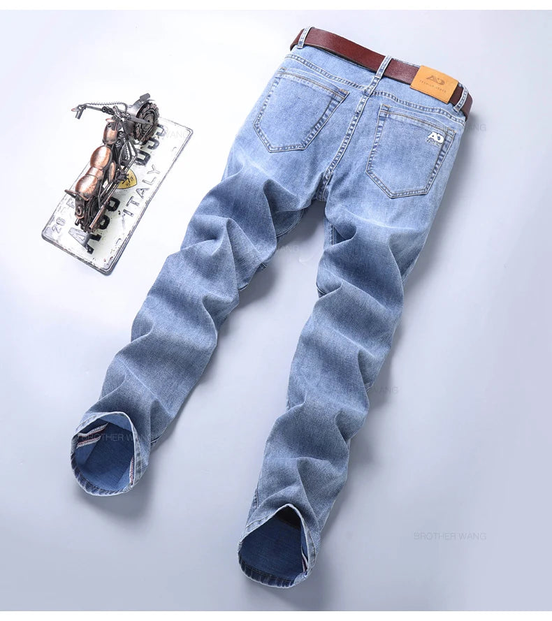 Spring Men's Light Blue Slim Jeans Stylish Casual Stretch Fabric Denim Pants Classic Trousers Smoke Gray