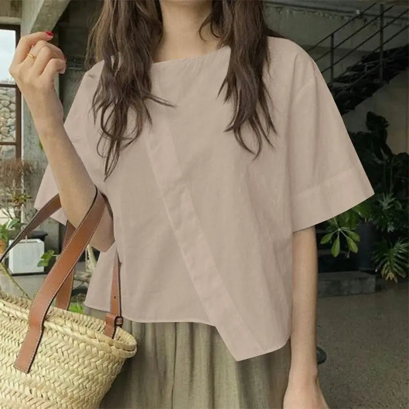 ZANZEA Women Oversize Bluse Summer Chic Irregular Short Sleeve Shirts Korean Fashion Round Neck Harajuku Tops Casual Loose Tunic