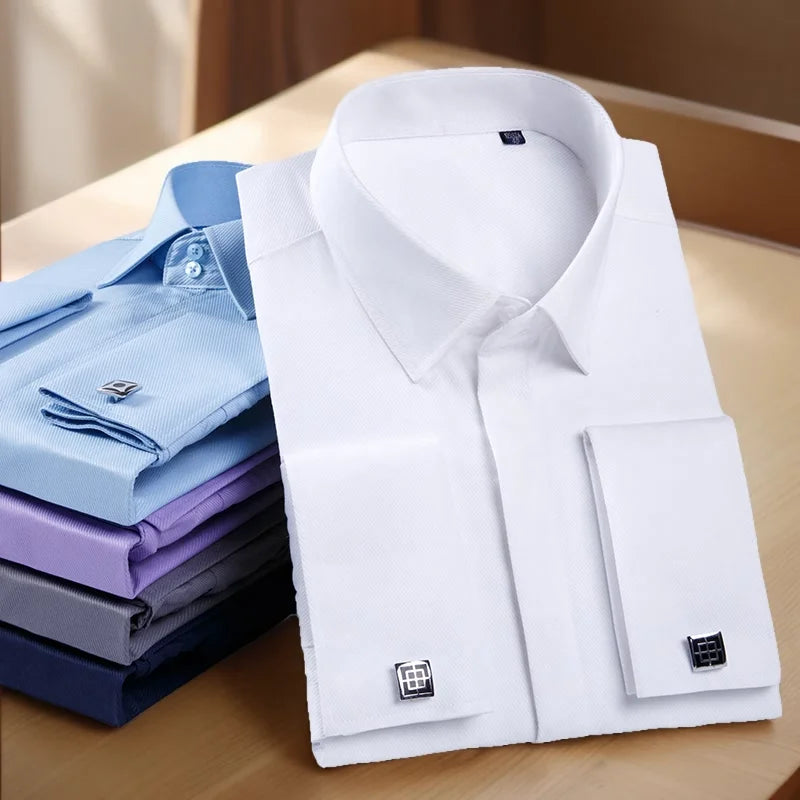 Men's French cufflink shirt with long sleeves slim fit concealed buttons solid color high-end wedding dress formal men's