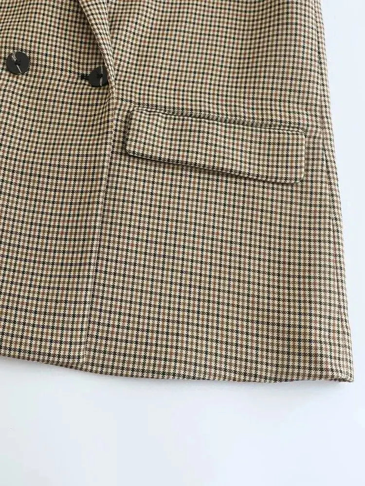 TRZA Women Fashion Double Breasted Plaid Blazer Coat Vintage Long Sleeve Flap Pockets Female Outerwear Chic Vestes Femme