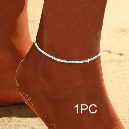 2PCS Shiny Sparkling Simple Silver Color Anklet for Women Simple Elegant Copper Jewelry Female Beach Ankle Bracelet on Foot