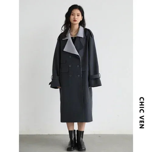 CHIC VEN Women Trench Coat Solid Loose Contrast Double Collar Double Breasted Long Women's Windbreaker Office Lady Spring Autumn