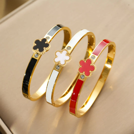 New Trend Stainless Steel Plant Five-Leaf Flower Open Bangle Simple For Woman Luxury Party Jewelry Fine Gift Accessories Clover