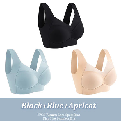 3Pcs Women Sport Bras Plus Size Seamless Lace Bra Bralette Backless Lady Brassiere Vest Female Gathers Shock-Proof Wireless Top