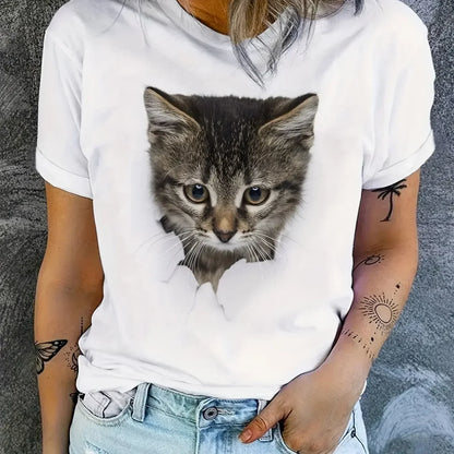 Cartoon Cat 2D T-shirt Short Sleeved Round Neck Casual Sports Top  Summer Aesthetic Clothing Women's Clothing Pattern T-shirt