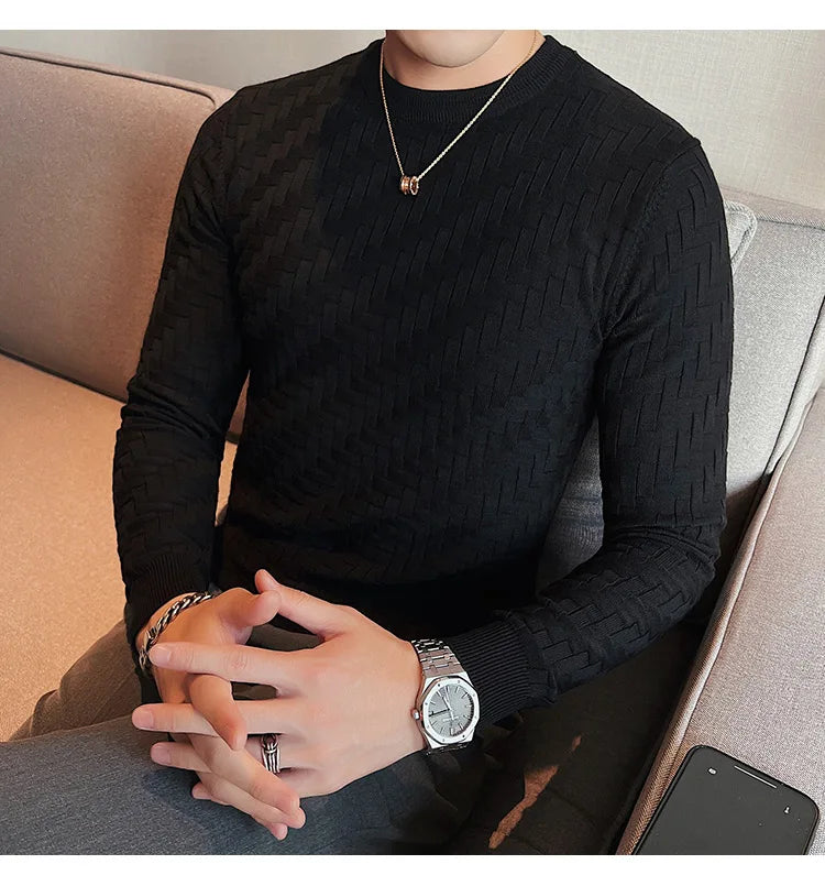 2025 Stretchable Jacquard Woven Winter Crew Neck Sweater Men's Slim Fit Pullover Knitwear Blue, Fashionable Check Pattern