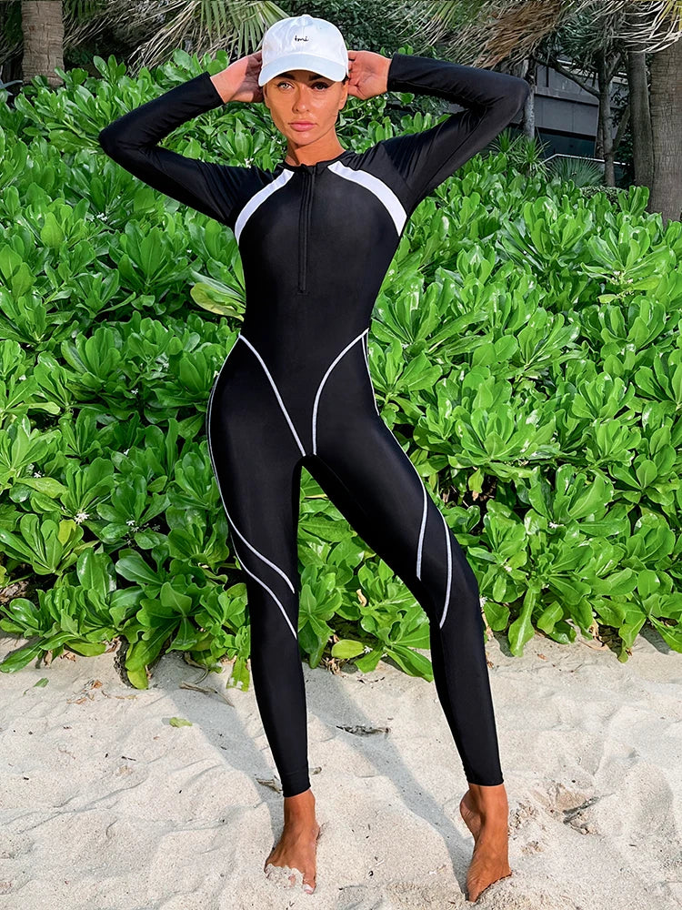 Peachtan Full Body Swimwear Women 2024 New Black Long Sleeve One Piece Swimsuit Woman Korean Style Surf Suit Sporty Bathing Suit