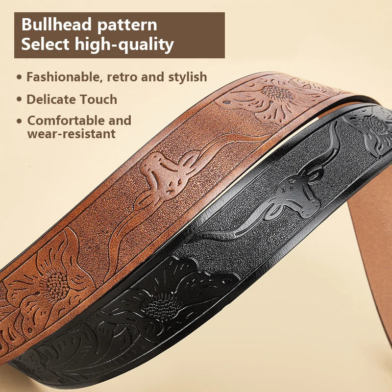 Western Cowboy PU Leather Belt - Men Waist Strap Bull Decoration Floral Engraved for Jeans