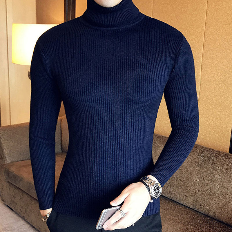 Mens Turtleneck Sweaters Winter Warm Knit Pullover Korean Cotton Solid Color Casual Slim Sweater Male Clothing Bottoming Shirt