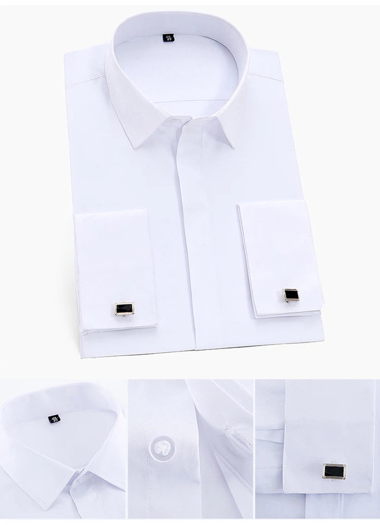 Men's Classic French Cuffs Solid Dress Shirt Fly Front Placket Formal Business Standard-fit Long Sleeve Office Work White Shirts