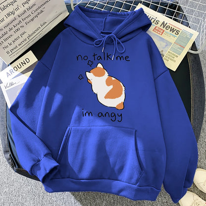 No Talk Me Cute Angry Cat Print Women Hoody Hip Hop Soft Hoodies Casual Fleece Pullovers Oversize Fleece Woman Streetwear