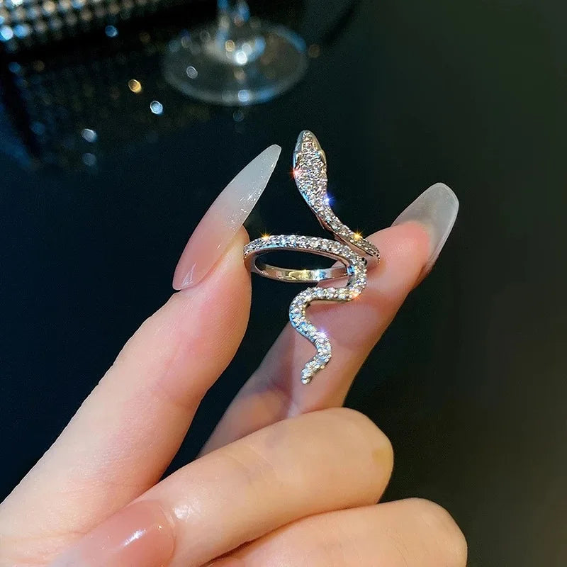 New Sliver Color Cubic Zirconia Snake Ring for Women Open Adjustable CZ Finger Rings Party Wedding Statement Jewelry Bijoux