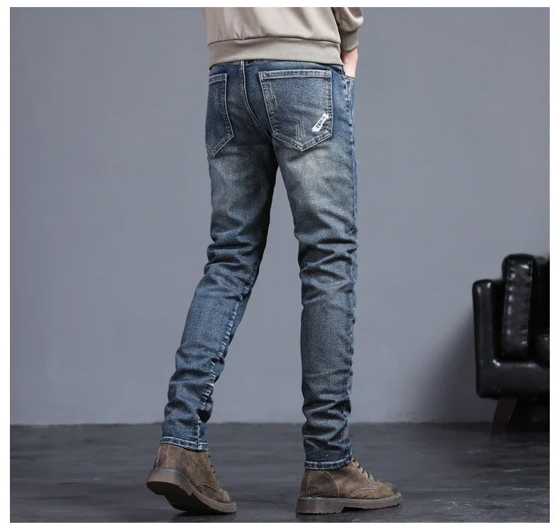 New Men's Vintage Jeans Korean Fashion Slim Little Feet Embroidered Trousers Stretch Male Streetwear Denim Pants